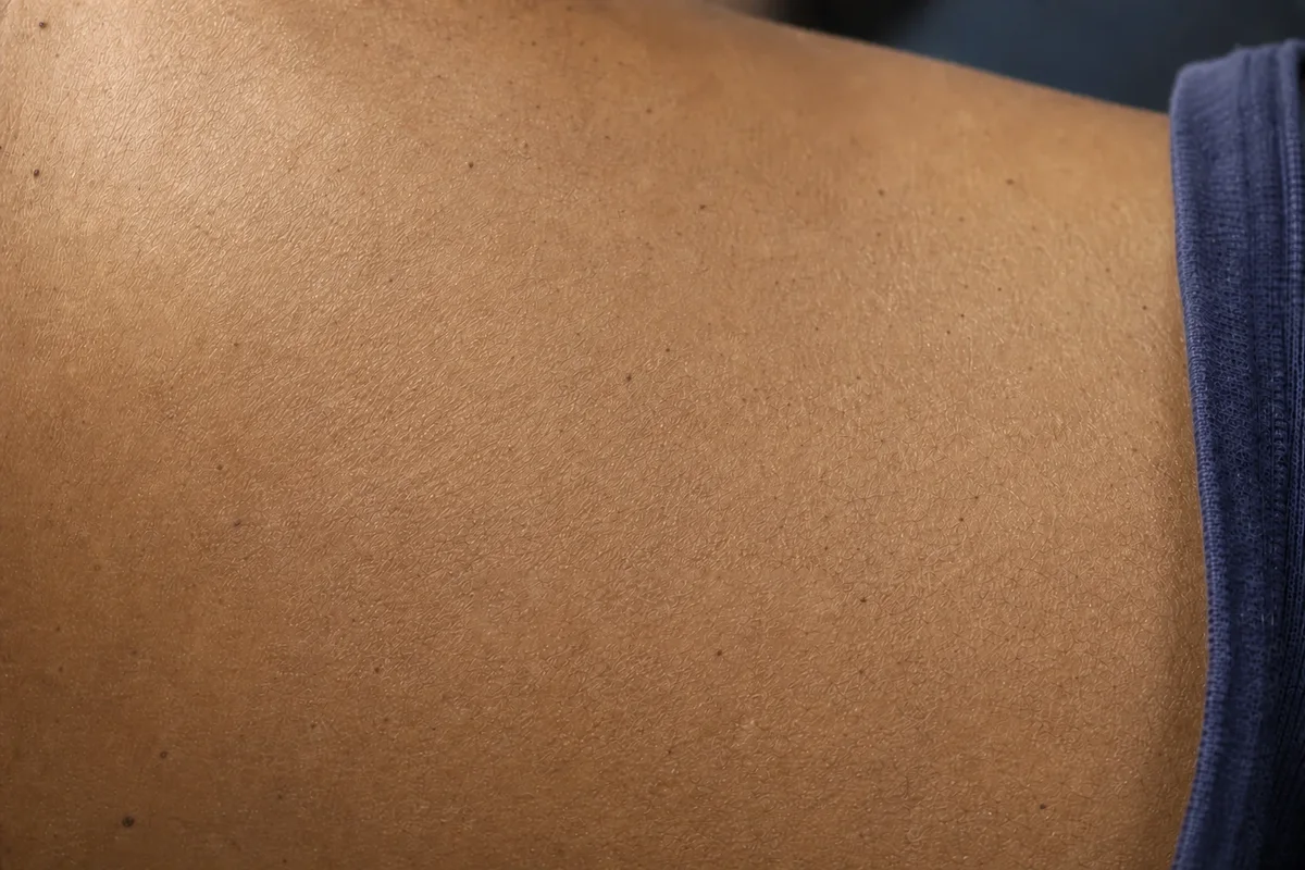 The same chest and shoulder after a completed course of PicoSure laser sessions, with the tattoo removed