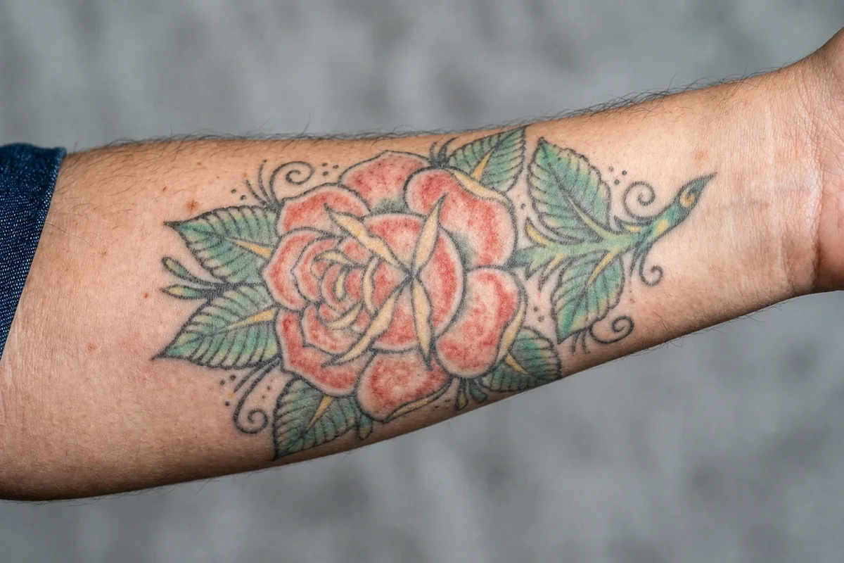 Colour traditional rose tattoo with red petals and green leaves on a forearm before laser removal