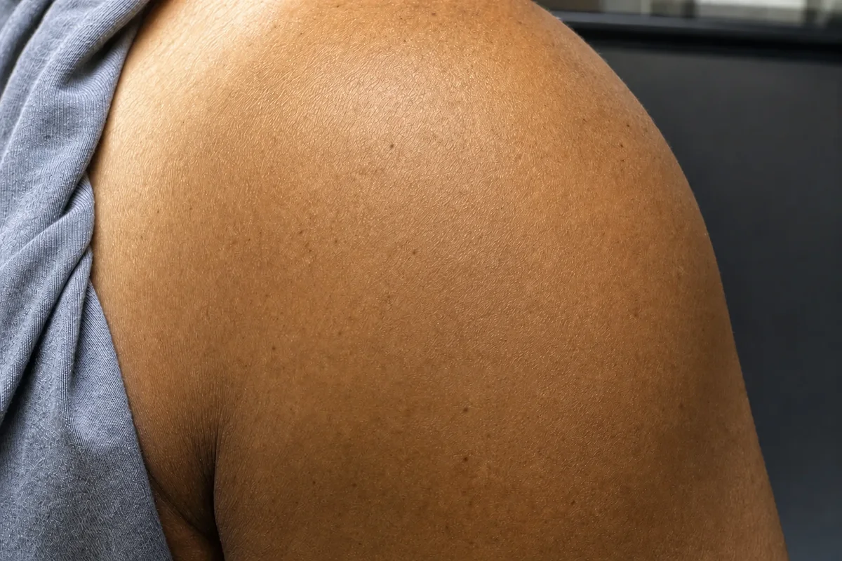 The same shoulder after a completed course of PicoSure laser sessions, with the tattoo removed
